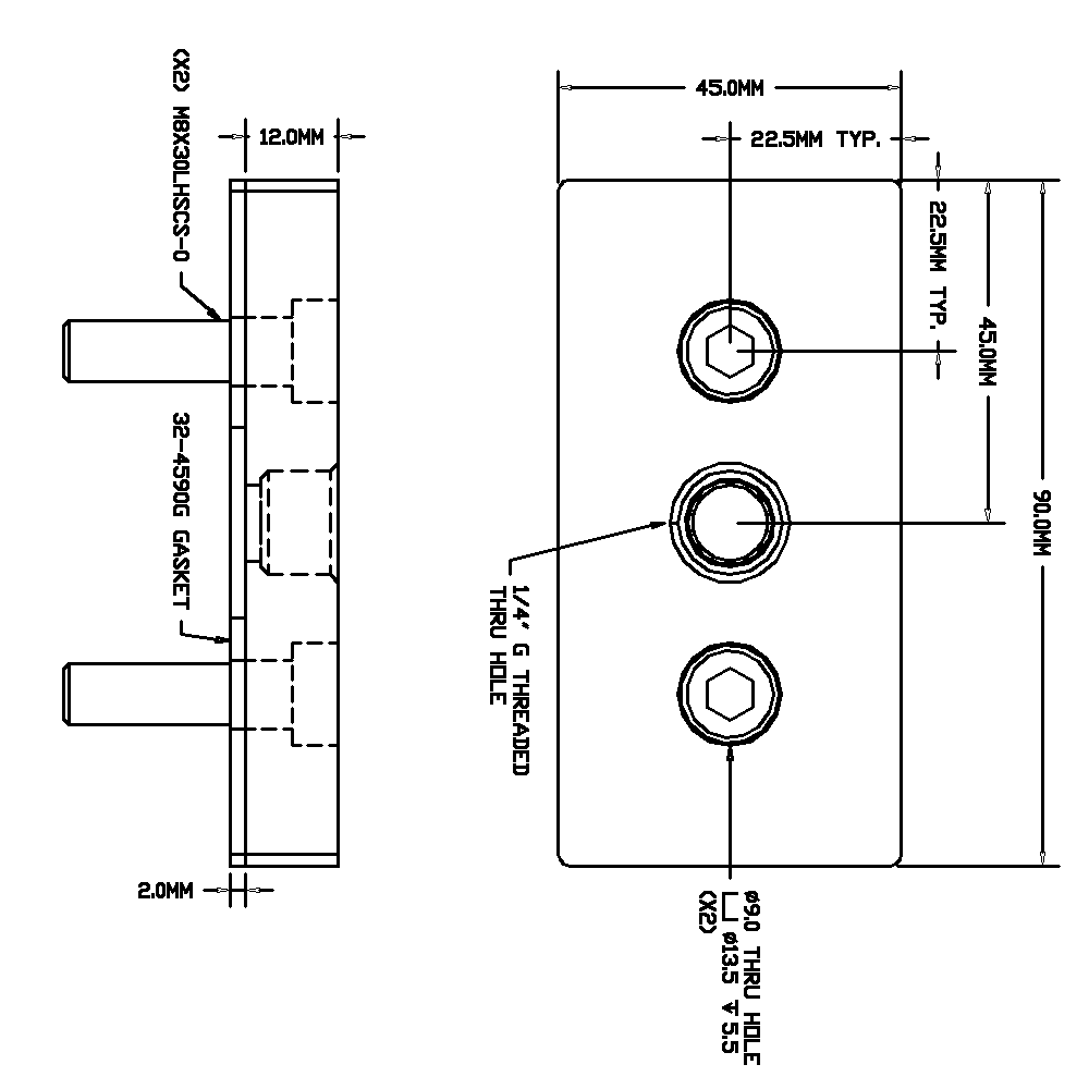 32-459014G-1 MODULAR SOLUTIONS PNEUMATIC PLATE 45MM X 90MM WITH GASKET 1/4 G THREADED CENTER THRU HOLE